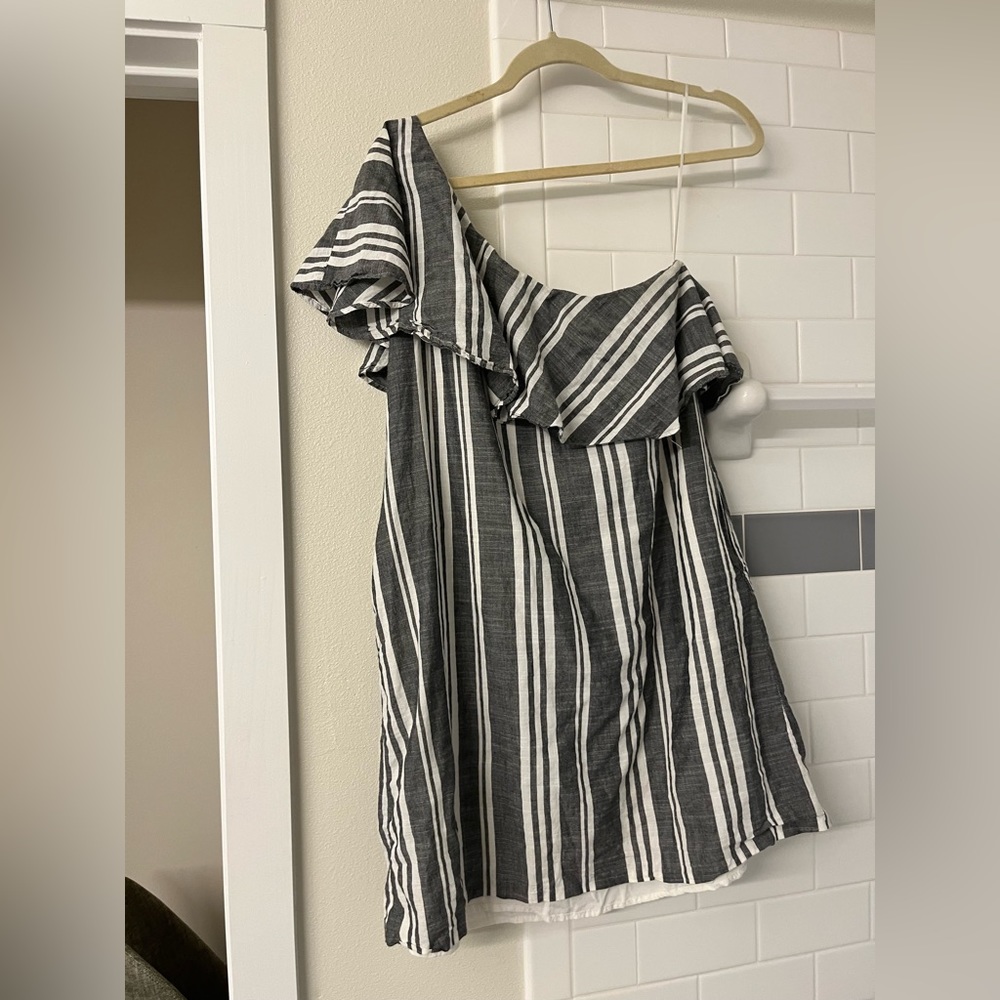 One shoulder grey and white linen dress - lined